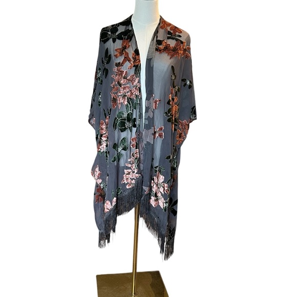 World Market Floral Kimono Coverup Sheer Velvet shawl - Picture 1 of 5